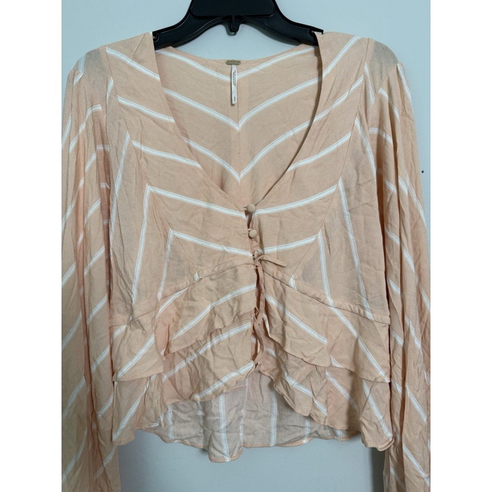 Free People Samifran Shirt Sz S Peach Long Sleeve Ruffle Boho Crop Festival Club - Picture 3 of 10